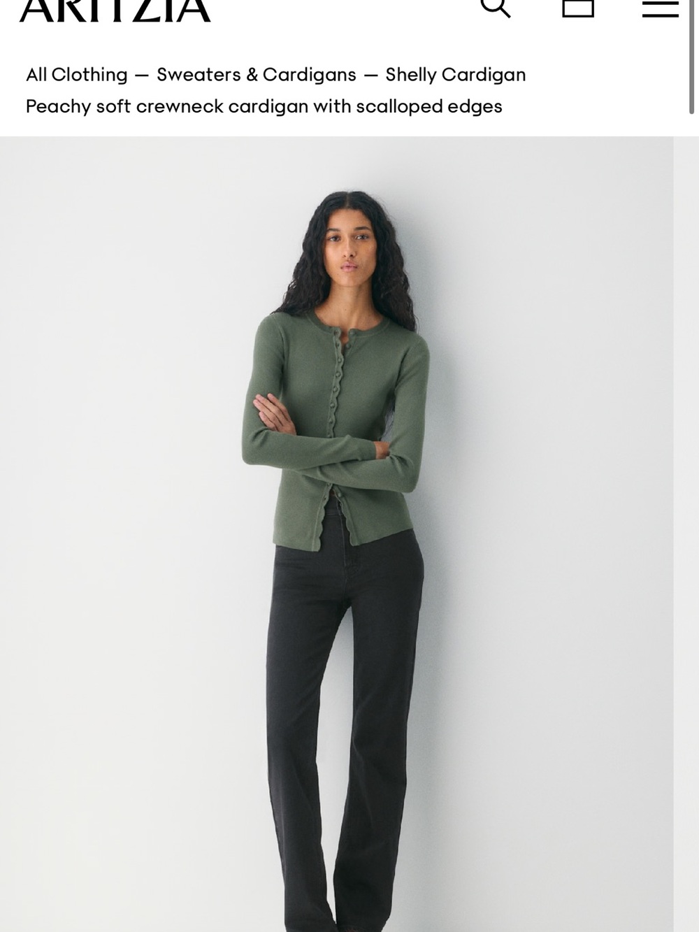Wilfred Olive Green Scalloped Crewneck Cardigan